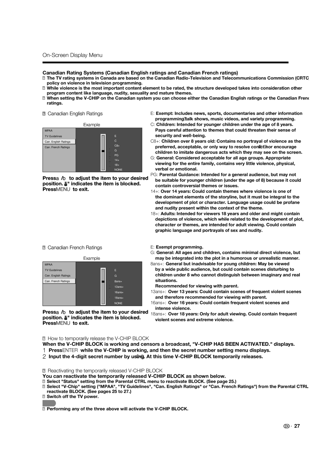 Sharp LC 42D65UT Canadian English Ratings, Canadian French Ratings, How to temporarily release the V-CHIP Block 