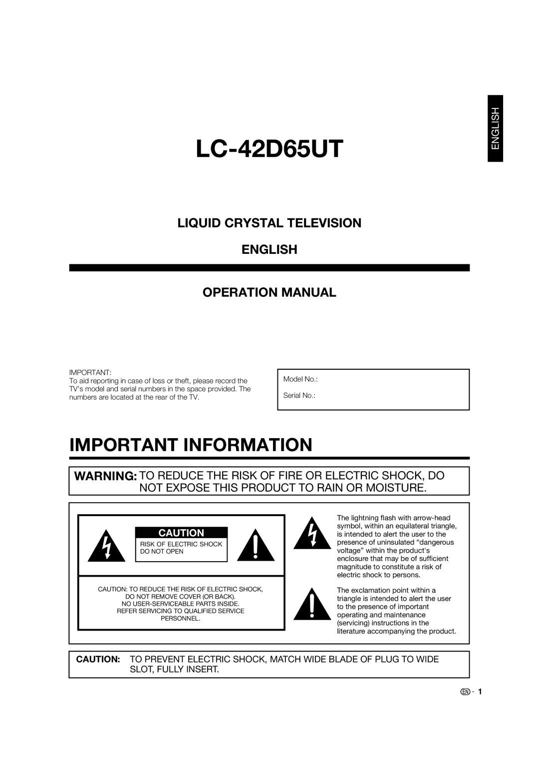 Sharp LC 42D65UT operation manual LC-42D65UT, Model No Serial No 