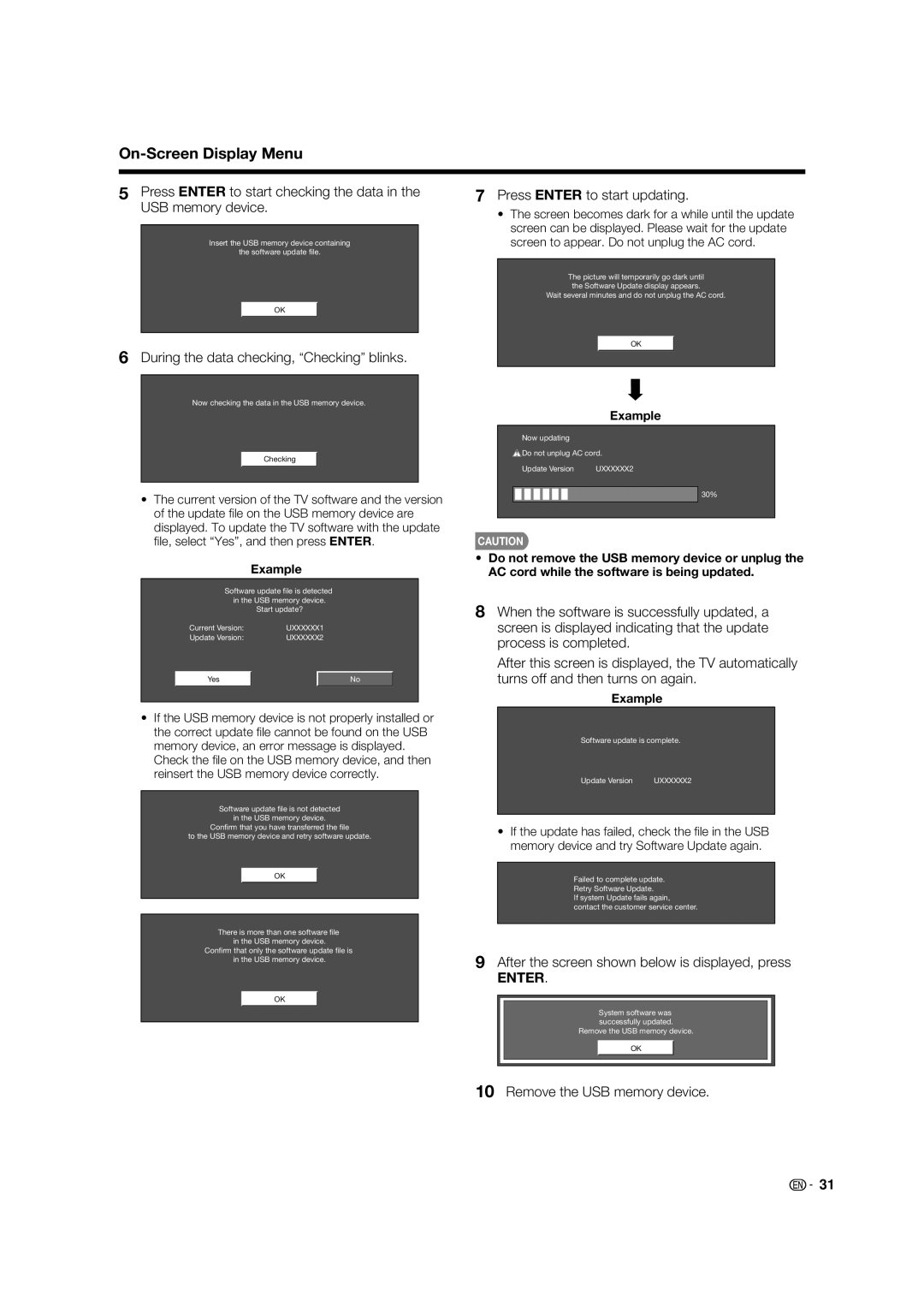 Sharp LC 42D65UT During the data checking, Checking blinks, Press Enter to start updating, Remove the USB memory device 