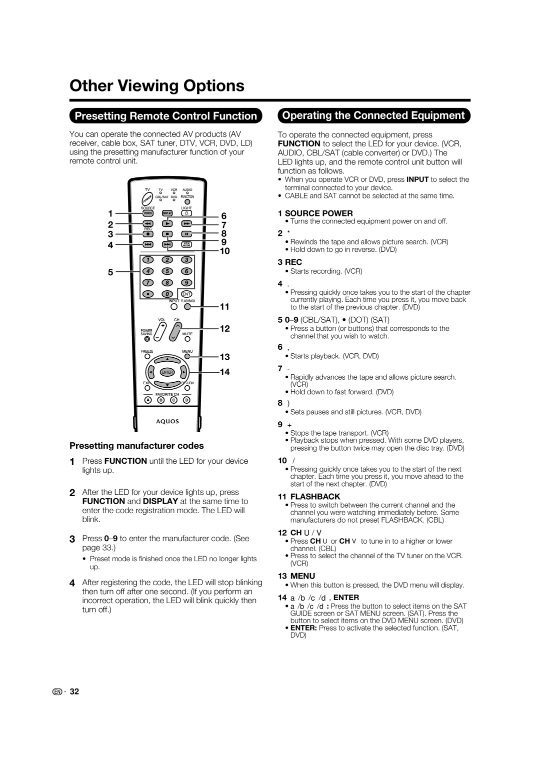 Sharp LC 42D65UT operation manual Other Viewing Options, Presetting Remote Control Function 