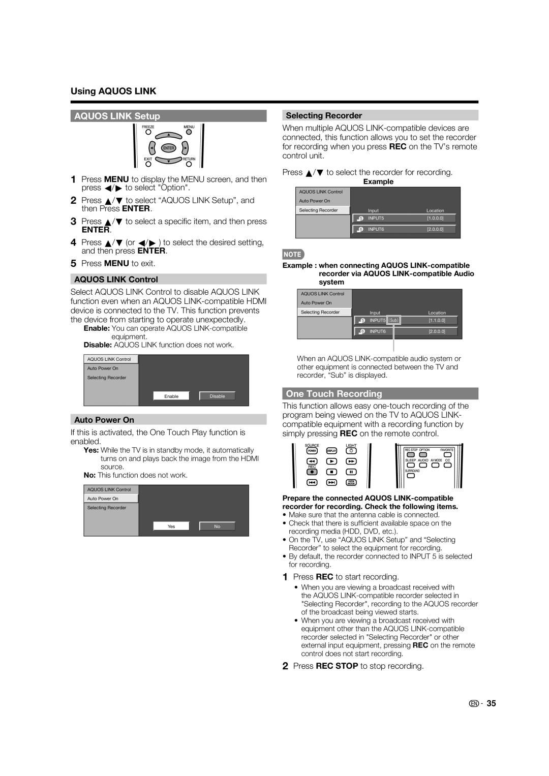 Sharp LC 42D65UT Aquos Link Setup, One Touch Recording, Selecting Recorder, Aquos Link Control, Auto Power On 