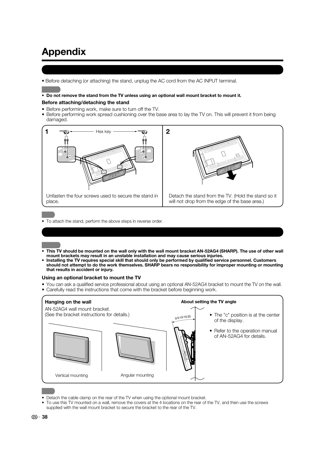 Sharp LC 42D65UT operation manual Appendix, Removing the Stand, Setting the TV on the Wall 