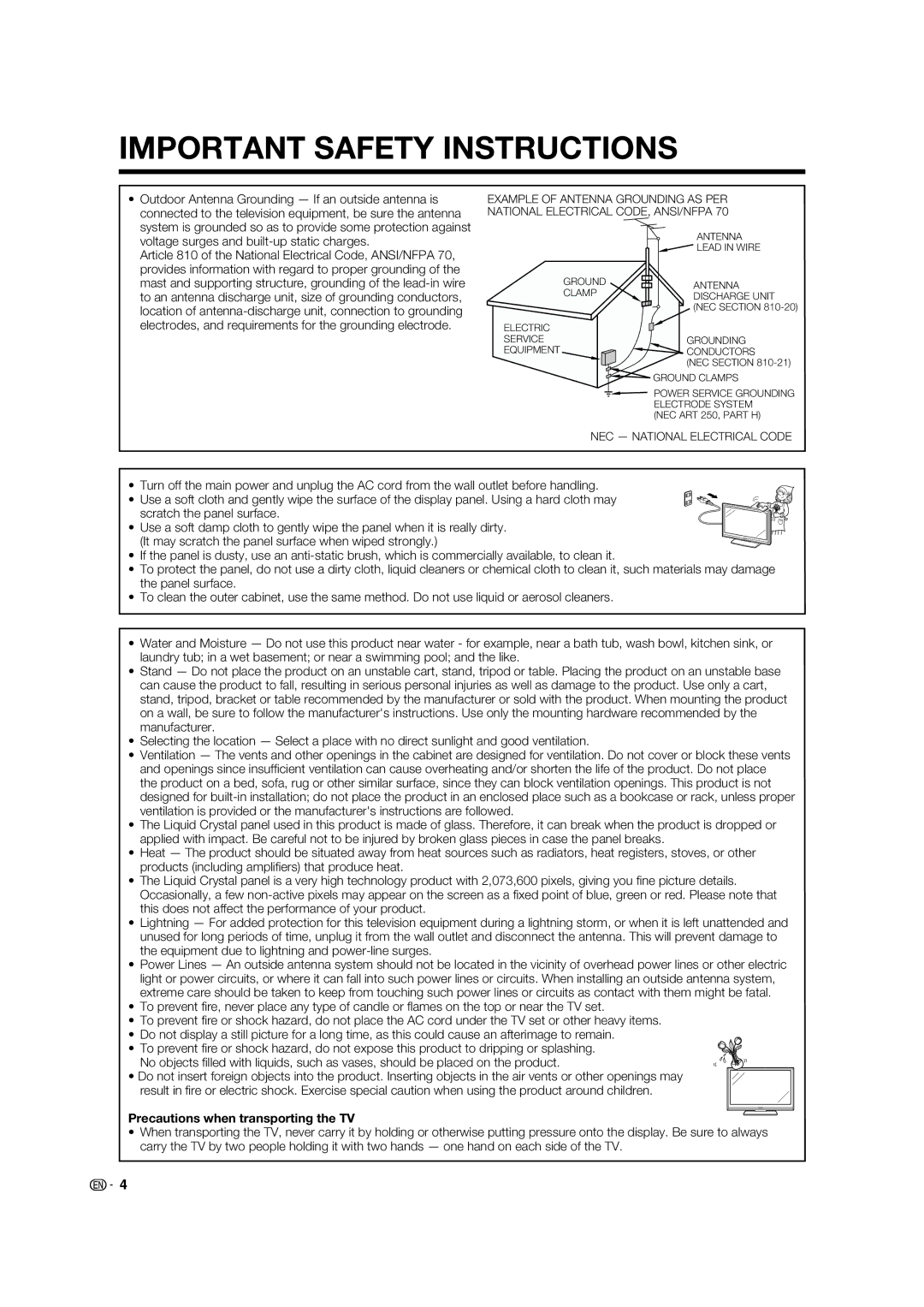 Sharp LC 42D65UT operation manual Precautions when transporting the TV 