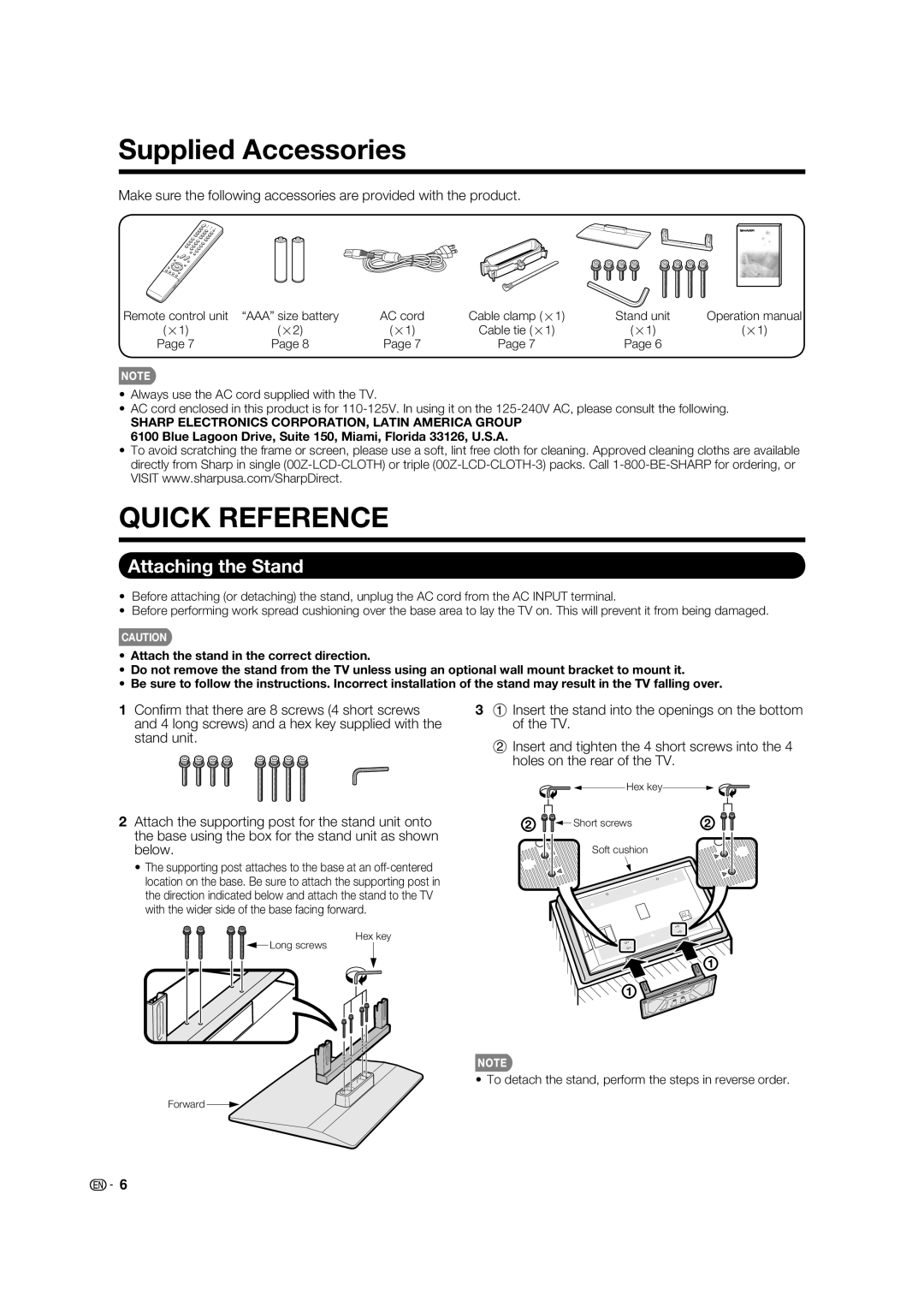 Sharp LC 42D65UT operation manual Supplied Accessories, Attaching the Stand, Cable clamp g1 