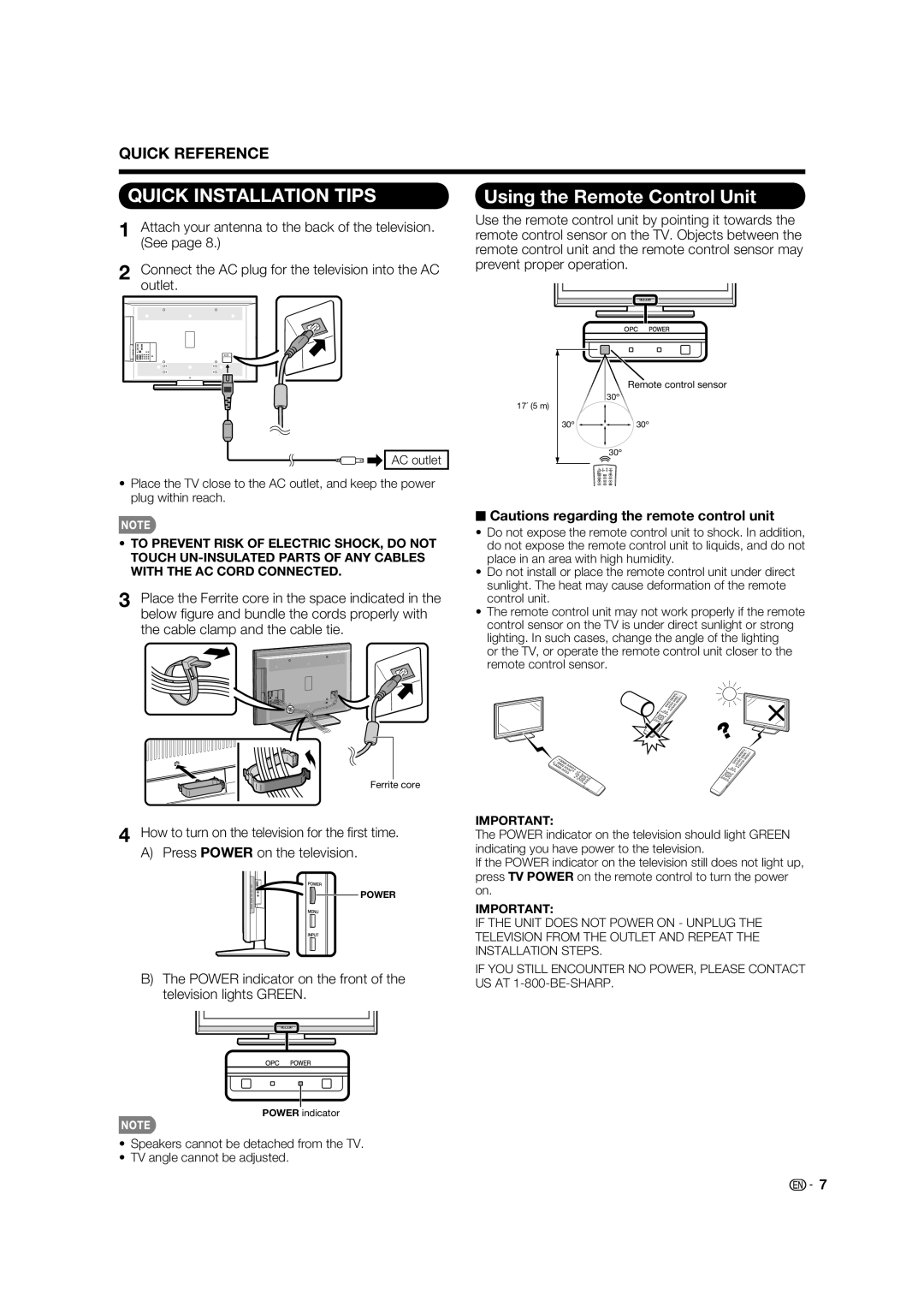 Sharp LC 42D65UT Using the Remote Control Unit, Power indicator on the front of the television lights Green 