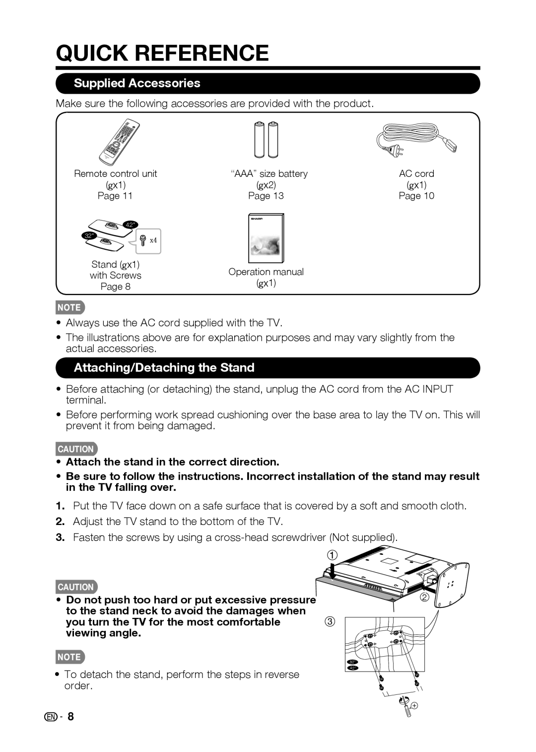 Sharp LC-42D69U, LC-32D59U operation manual Quick Reference, Supplied Accessories, Attaching/Detaching the Stand 