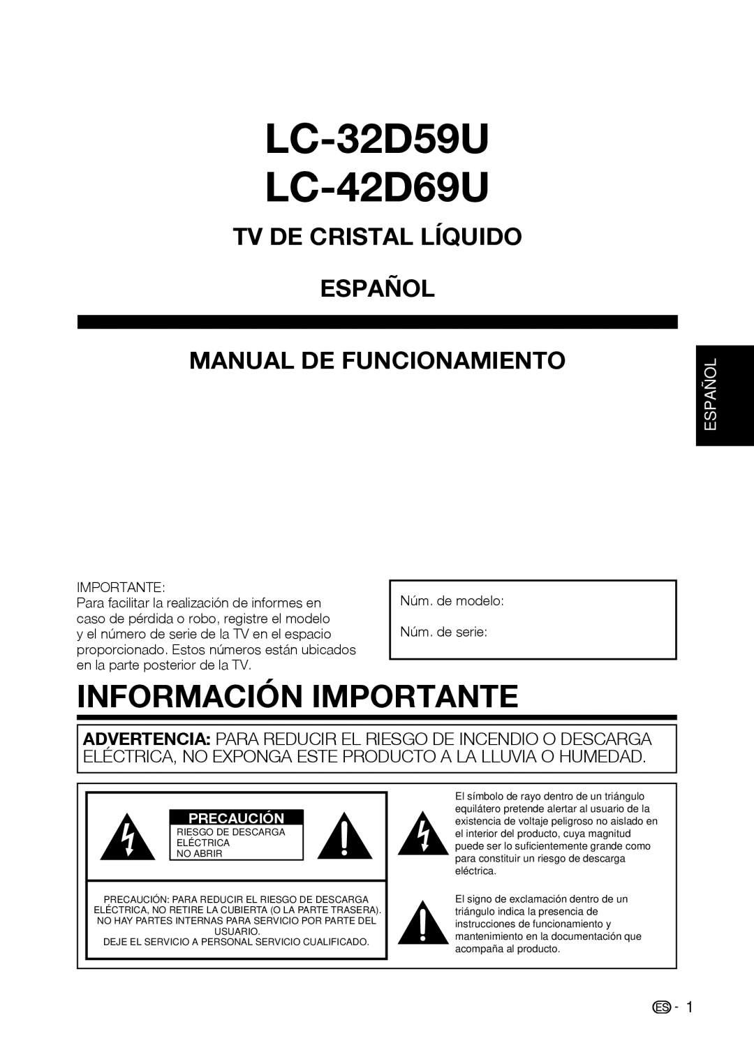 Sharp LC-32D59U, LC-42D69U operation manual Información Importante, Manual DE Funcionamiento 