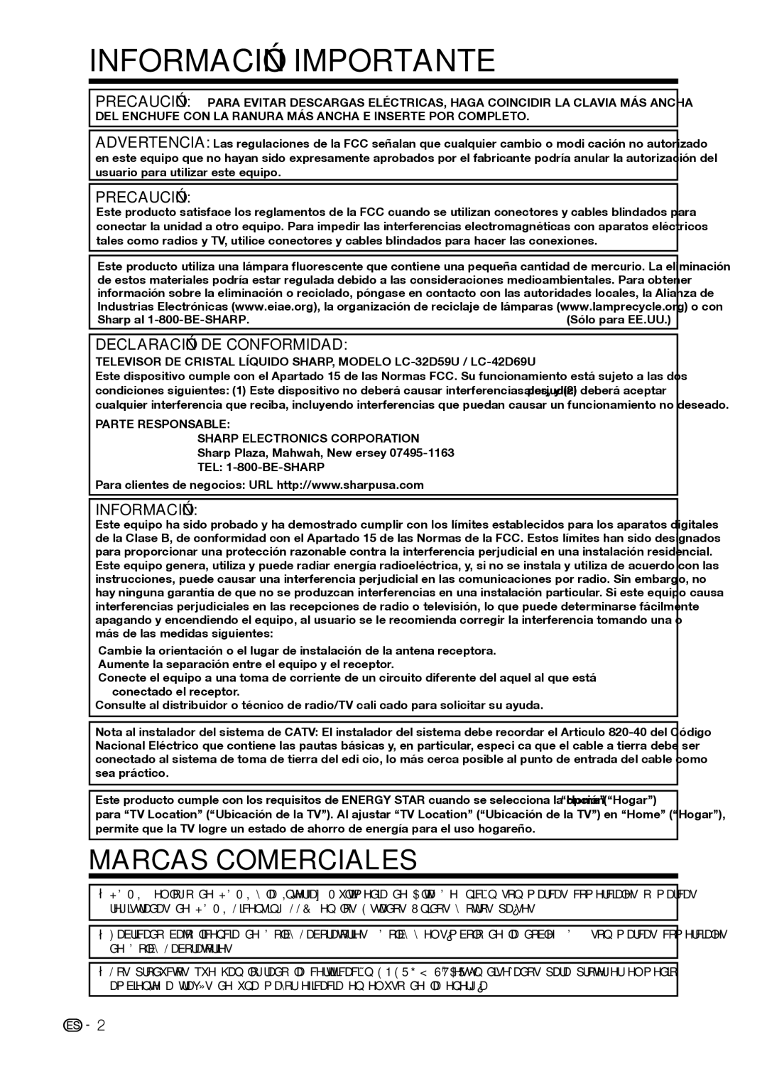 Sharp LC-42D69U, LC-32D59U operation manual Información Importante 