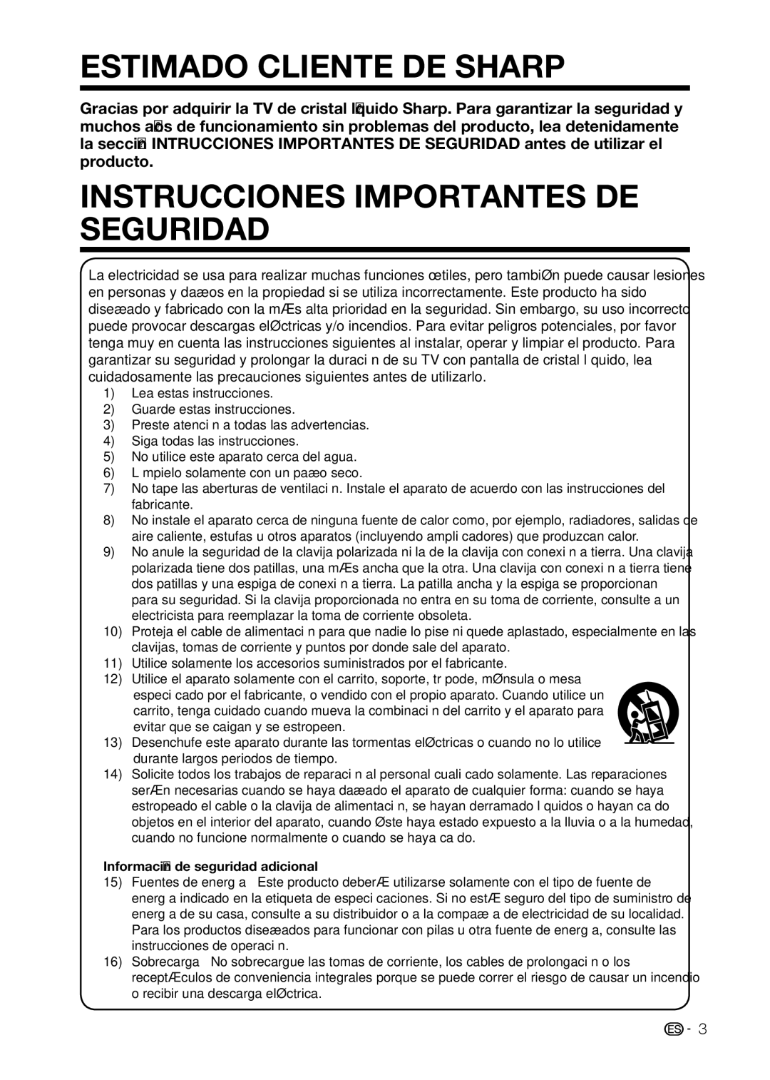 Sharp LC-32D59U Estimado Cliente DE Sharp, Instrucciones Importantes DE Seguridad, Información de seguridad adicional 