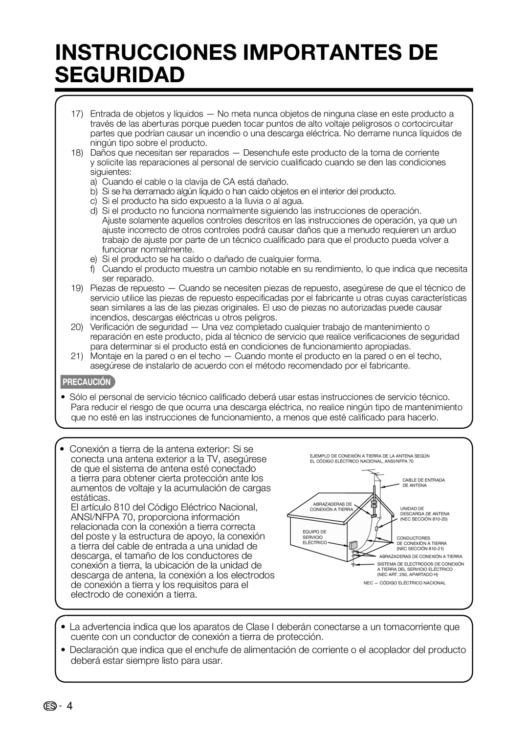 Sharp LC-42D69U, LC-32D59U operation manual Conexión a tierra de la antena exterior Si se 