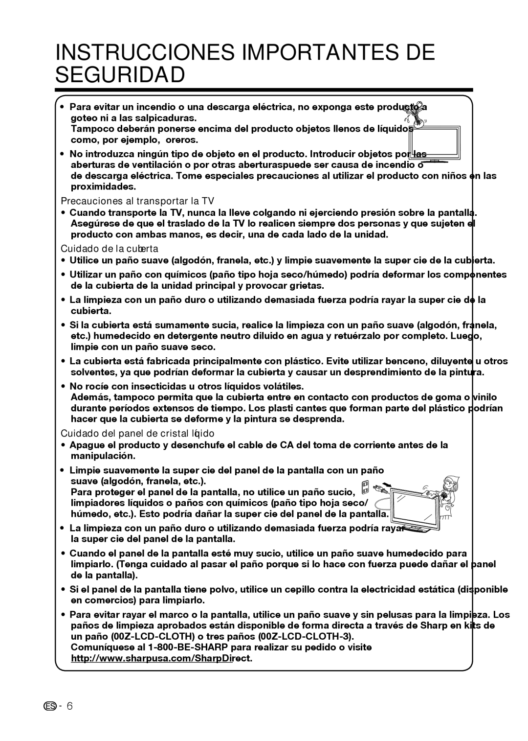 Sharp LC-42D69U, LC-32D59U Precauciones al transportar la TV, Cuidado de la cubierta, Cuidado del panel de cristal líquido 