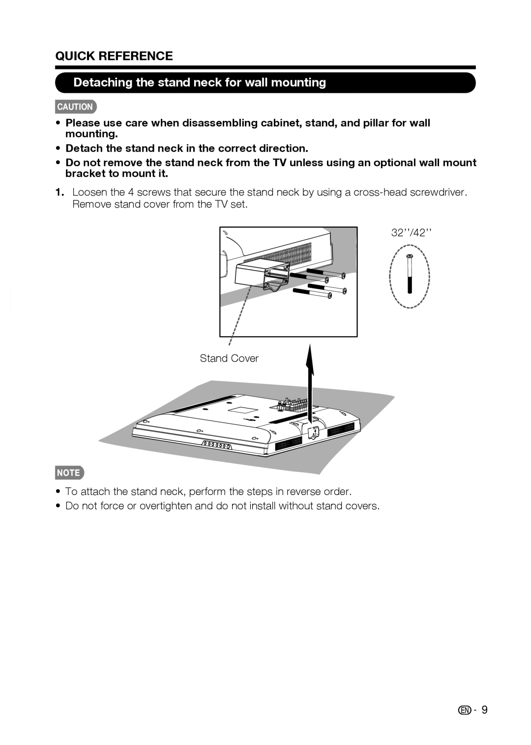 Sharp LC-32D59U, LC-42D69U operation manual Quick Reference, Detaching the stand neck for wall mounting 