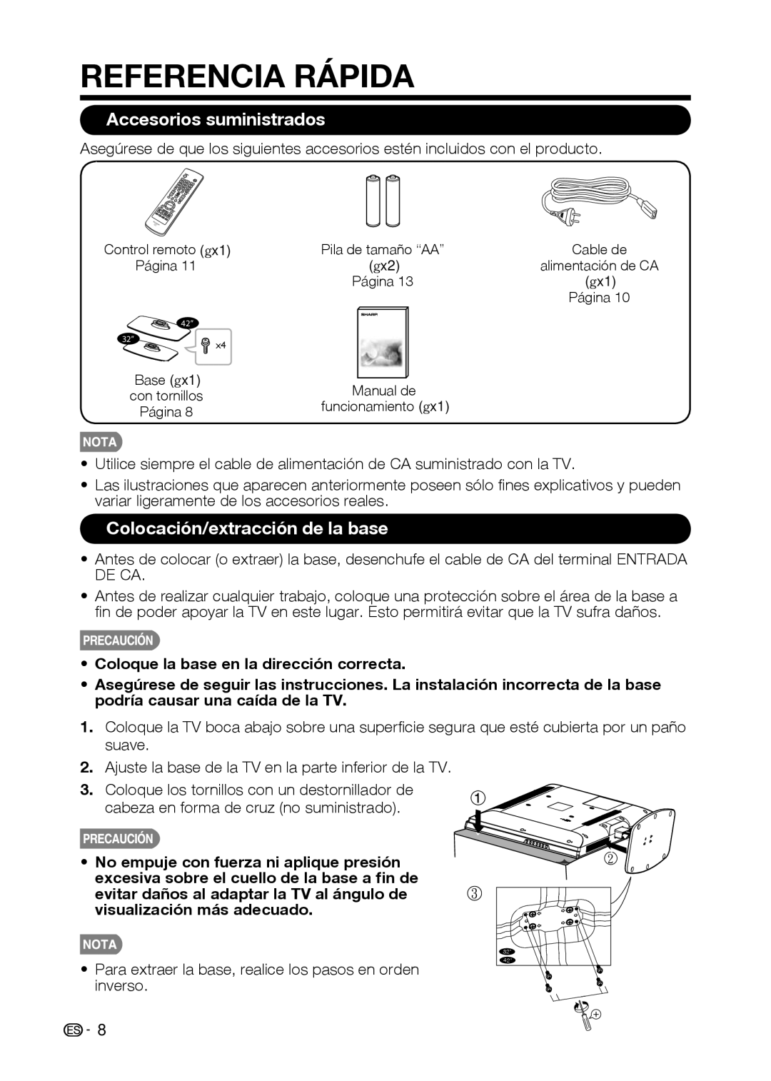 Sharp LC-42D69U, LC-32D59U operation manual Referencia Rápida, Accesorios suministrados, Colocación/extracción de la base 