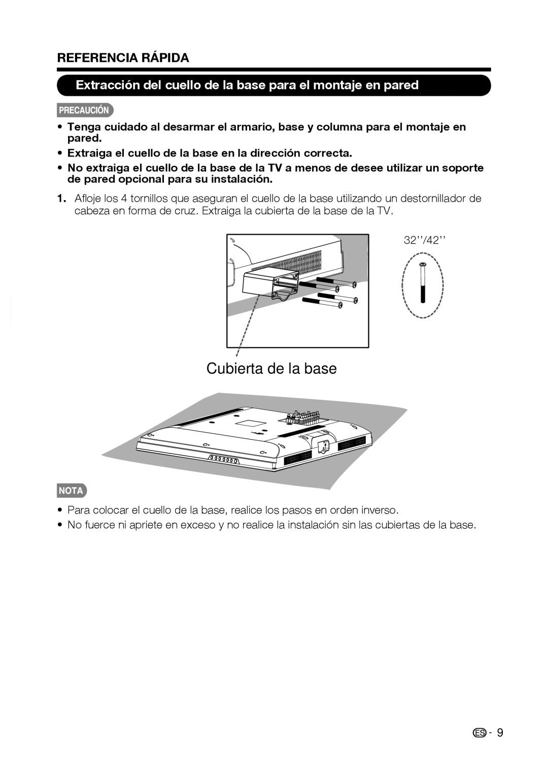 Sharp LC-32D59U, LC-42D69U operation manual Referencia Rápida, Extracción del cuello de la base para el montaje en pared 