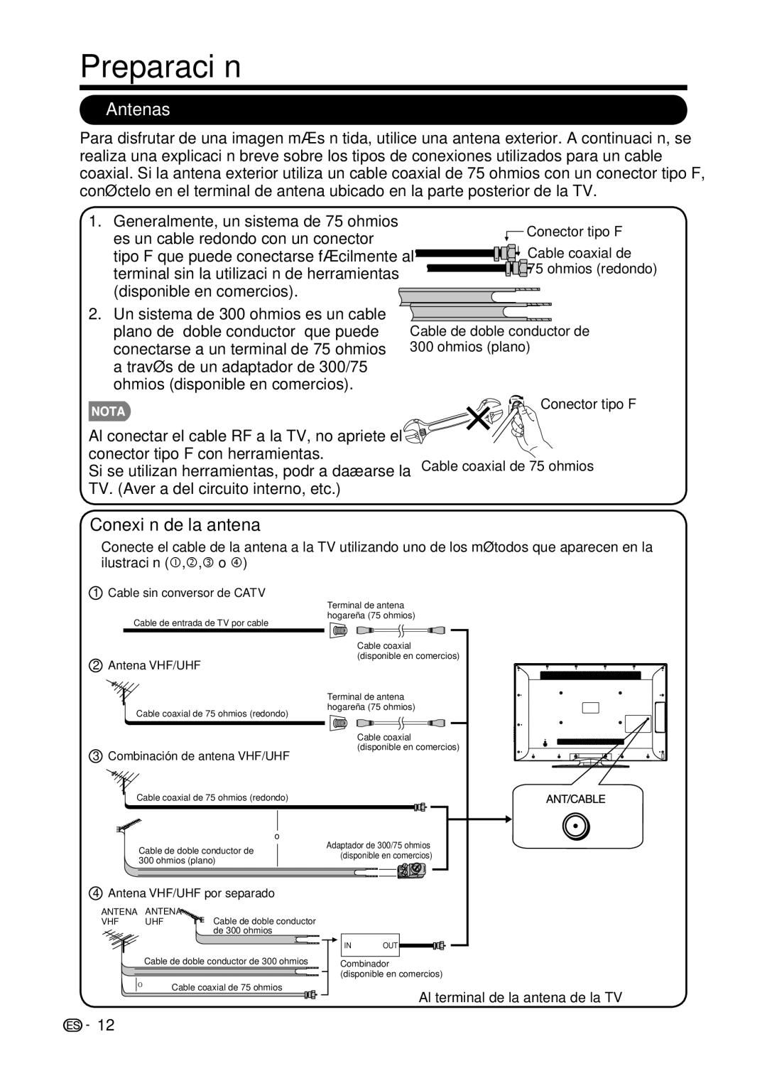 Sharp LC-42D69U, LC-32D59U operation manual Preparación, Antenas, Conexión de la antena Cable 