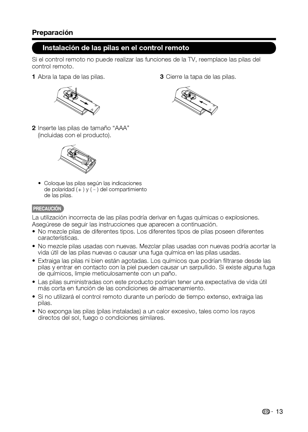 Sharp LC-32D59U, LC-42D69U operation manual Preparación, Instalación de las pilas en el control remoto 