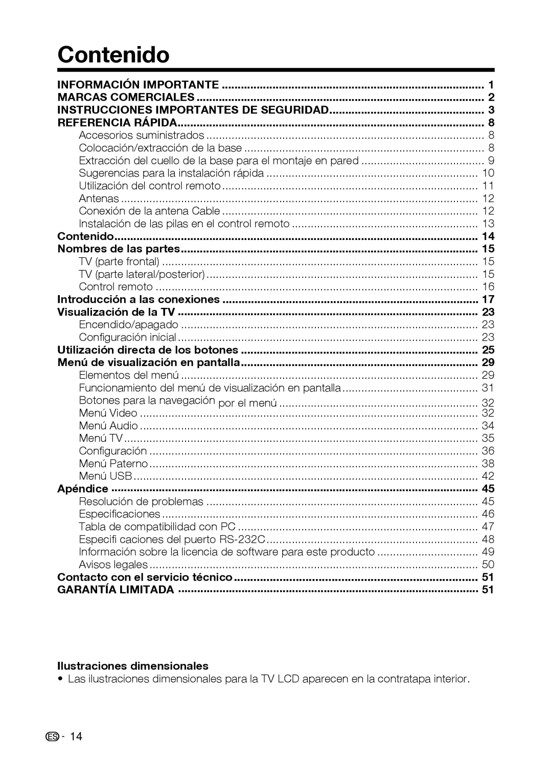 Sharp LC-42D69U Contenido Nombres de las partes, Introducción a las conexiones Visualización de la TV, Apéndice 