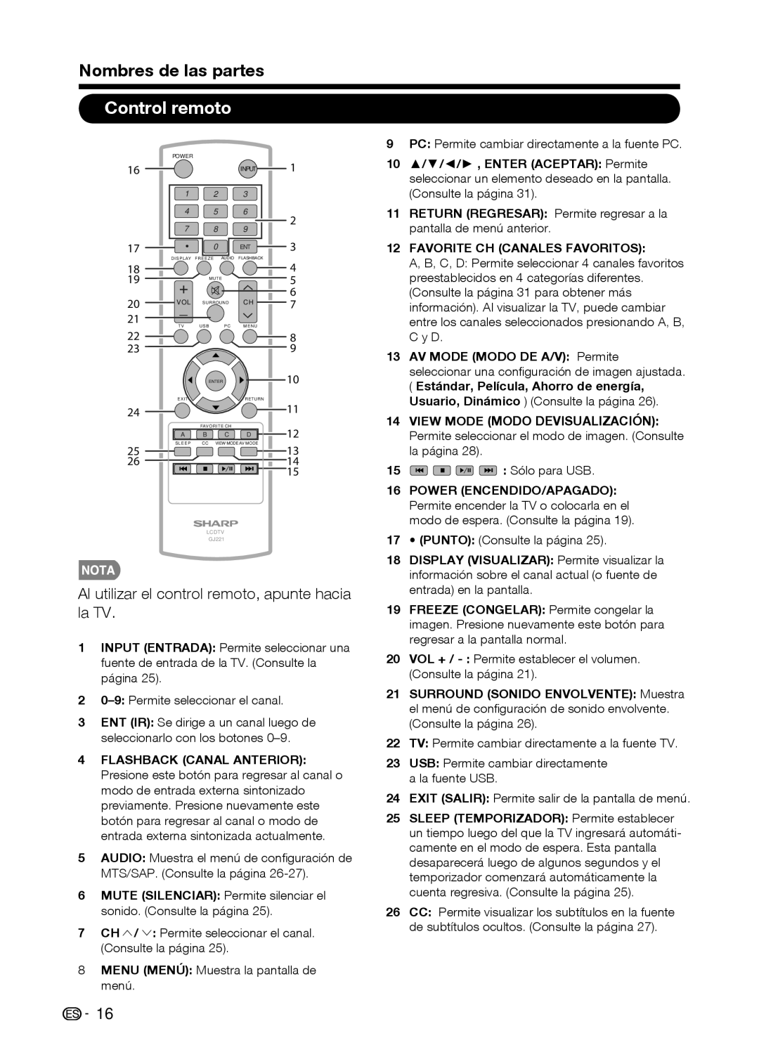 Sharp LC-42D69U, LC-32D59U Nombres de las partes, Control remoto, Al utilizar el control remoto, apunte hacia la TV 