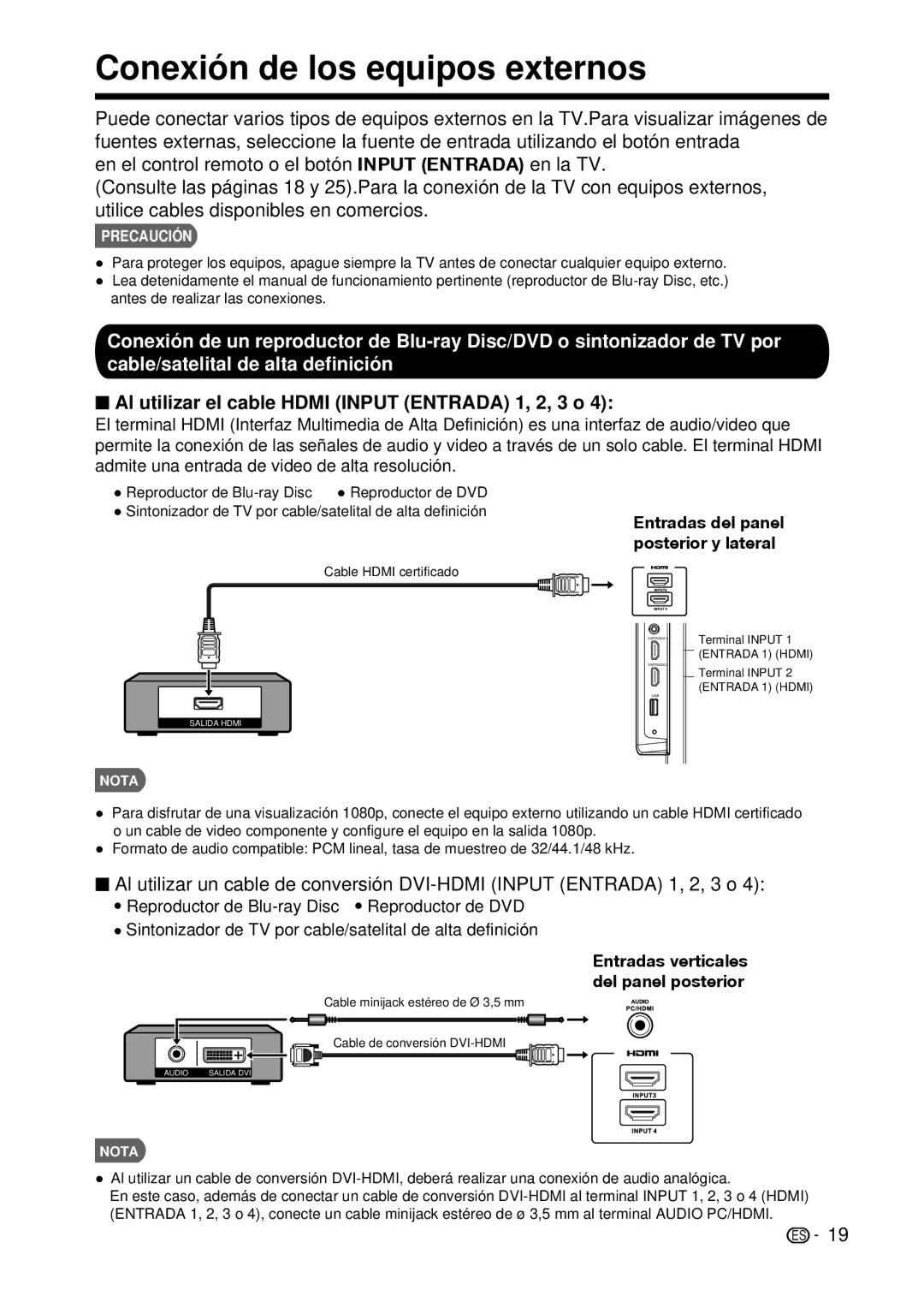 Sharp LC-32D59U, LC-42D69U operation manual Entradas del panel posterior y lateral, Entradas verticales del panel posterior 