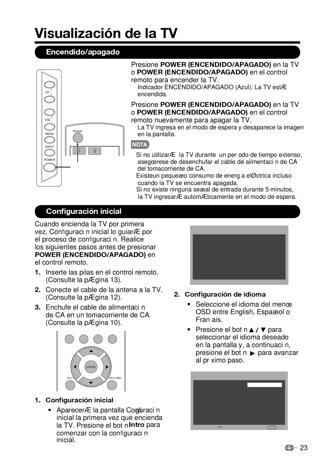 Sharp LC-32D59U, LC-42D69U operation manual Visualización de la TV, Encendido/apagado, Conﬁguración inicial 