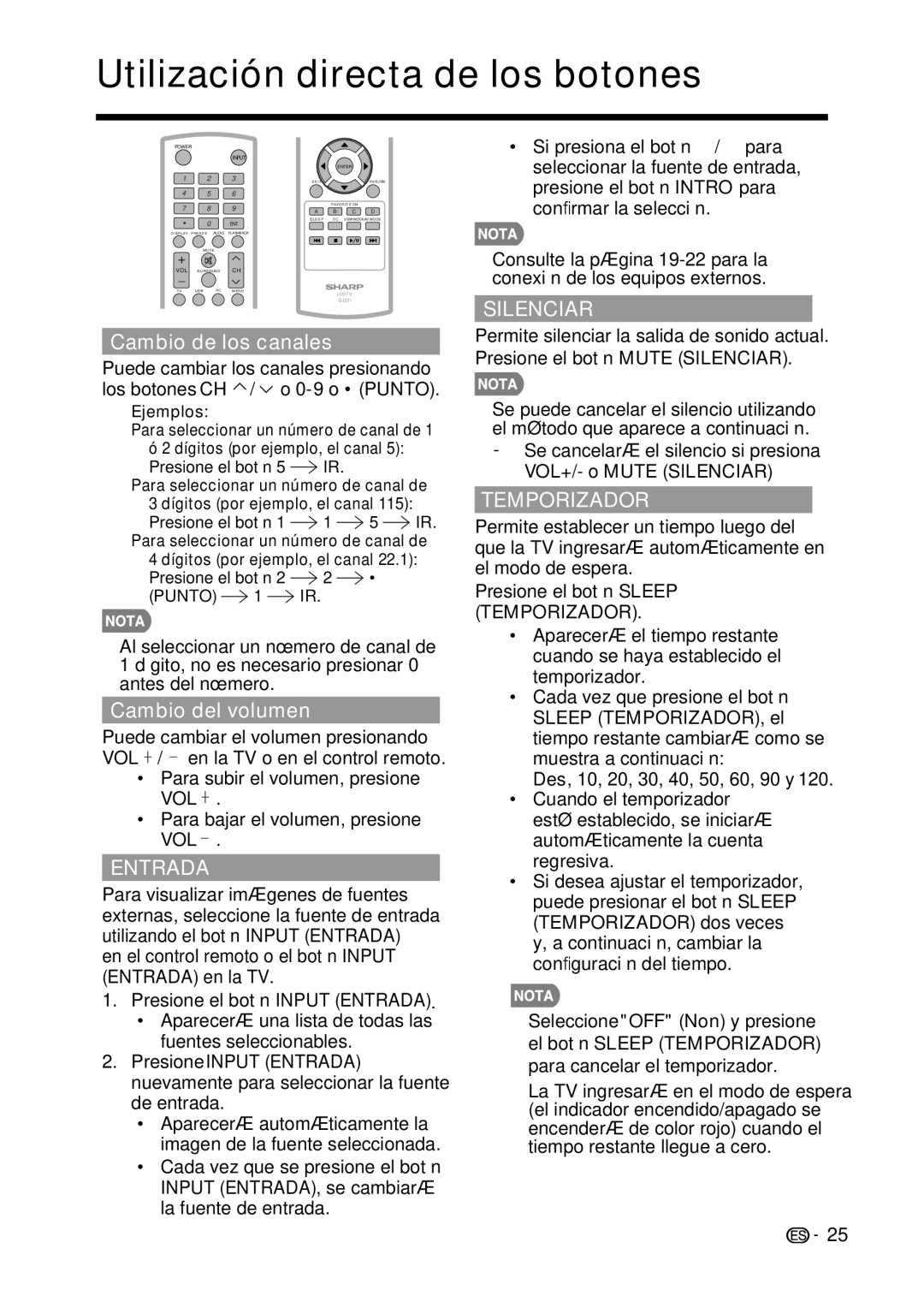 Sharp LC-32D59U, LC-42D69U operation manual Utilización directa de los botones, Entrada, Silenciar, Temporizador 