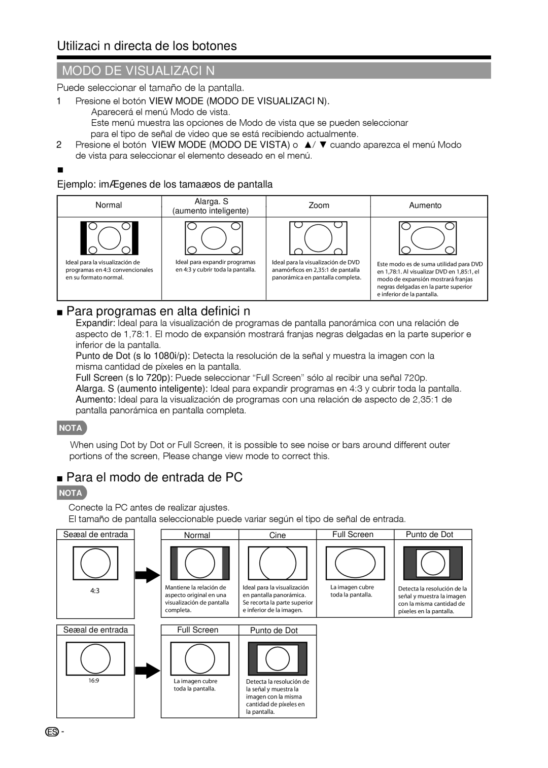 Sharp LC-42D69U, LC-32D59U Modo DE Visualización, Para programas en alta definición, Para el modo de entrada de PC 