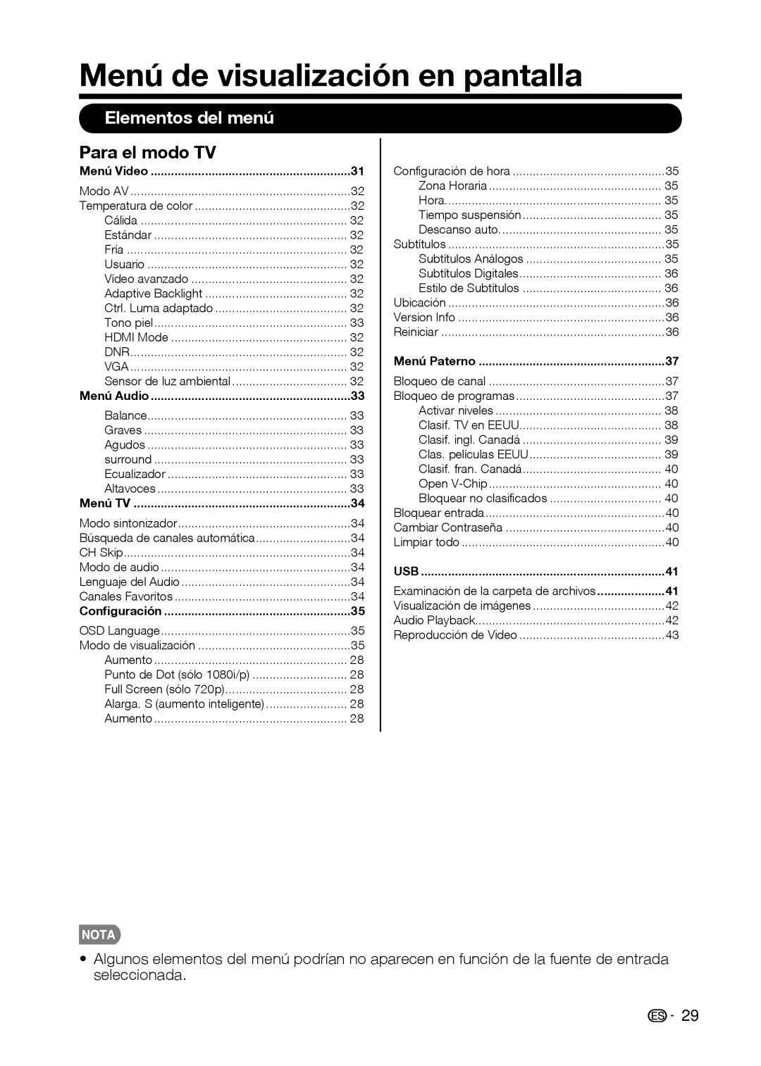 Sharp LC-32D59U, LC-42D69U operation manual Menú de visualización en pantalla, Elementos del menú, Para el modo TV 