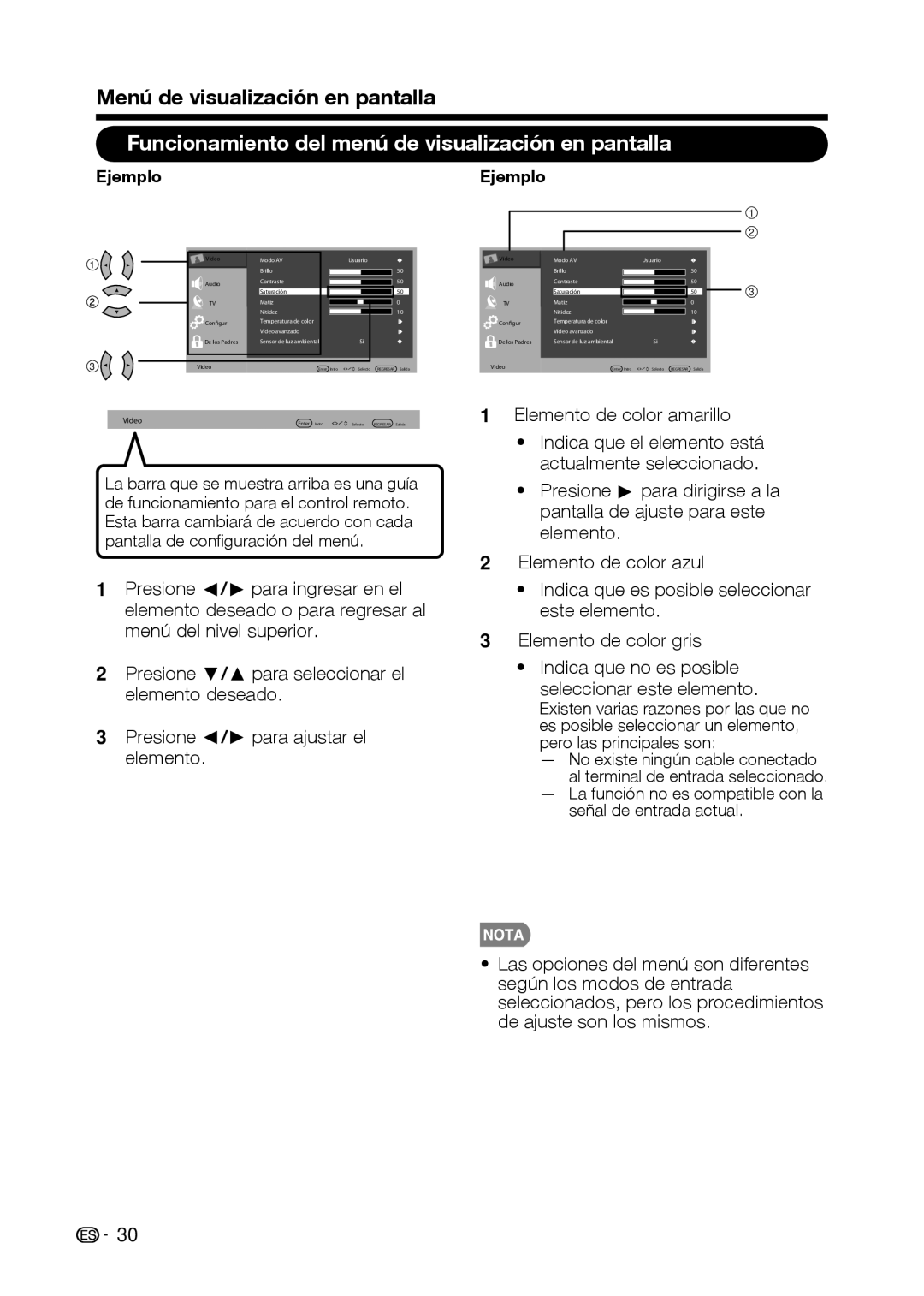 Sharp LC-42D69U Menú de visualización en pantalla, Funcionamiento del menú de visualización en pantalla, Ejemplo 