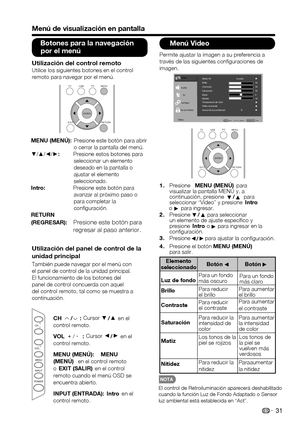 Sharp LC-32D59U, LC-42D69U Botones para la navegación por el menú, Menú Video, Utilización del control remoto 