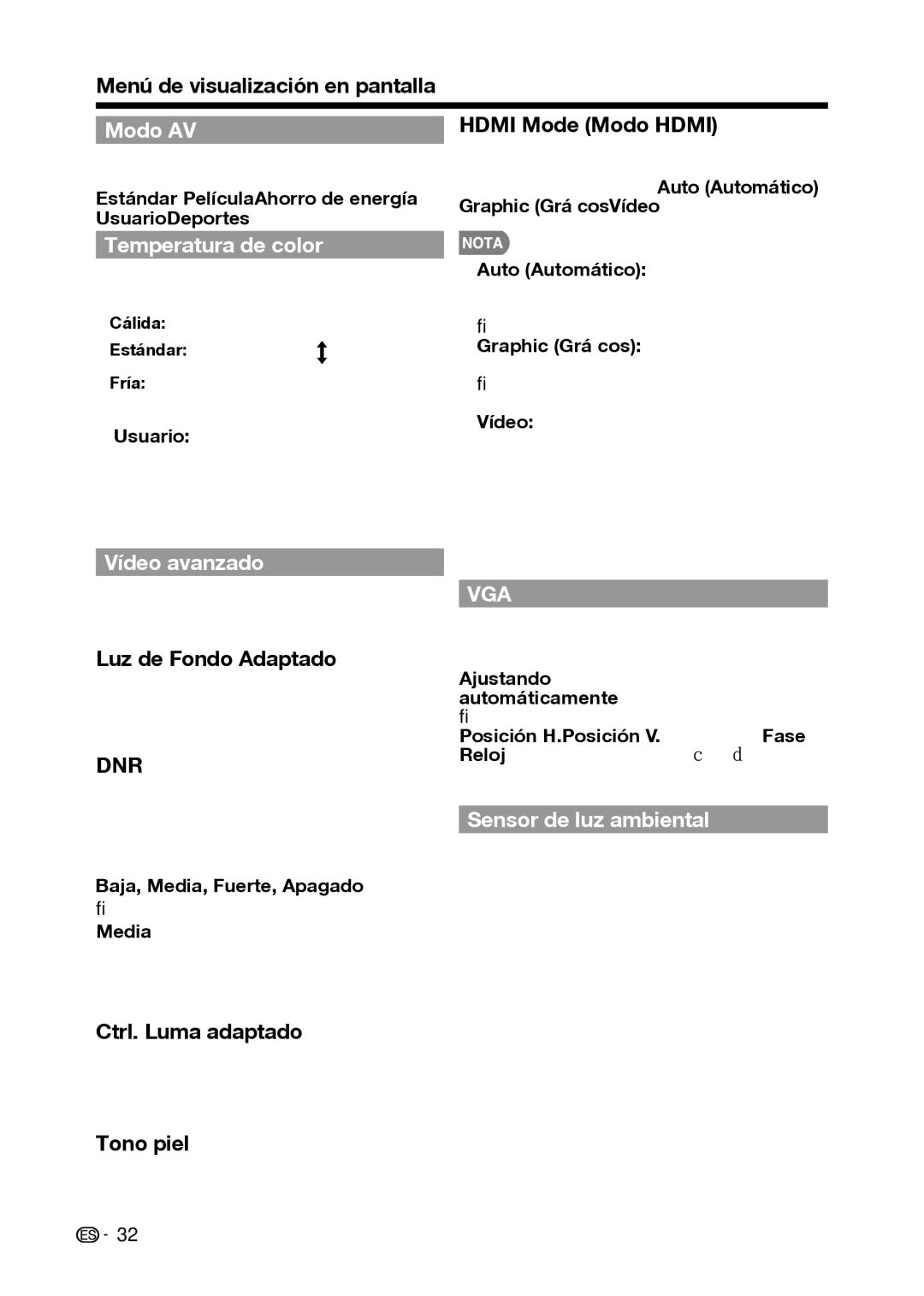 Sharp LC-42D69U, LC-32D59U operation manual Temperatura de color, Vídeo avanzado, Sensor de luz ambiental 