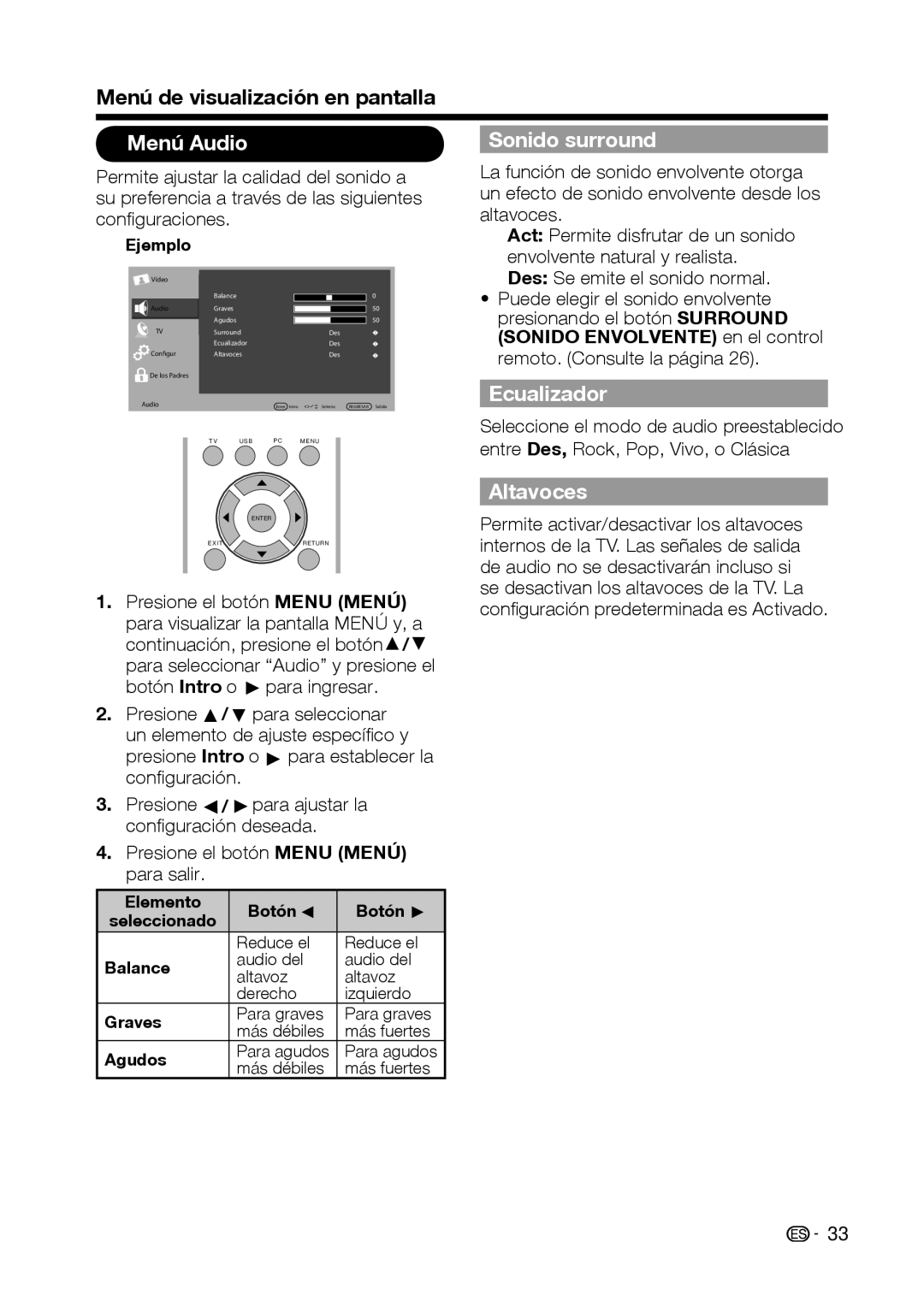 Sharp LC-32D59U, LC-42D69U operation manual Menú Audio Sonido surround, Ecualizador, Altavoces, Graves, Agudos 