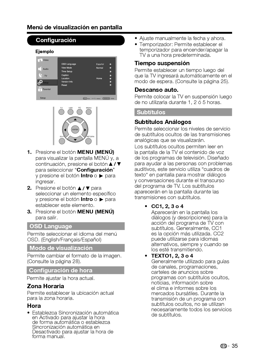 Sharp LC-32D59U, LC-42D69U operation manual Modo de visualización, Conﬁguración de hora, Subtítulos 