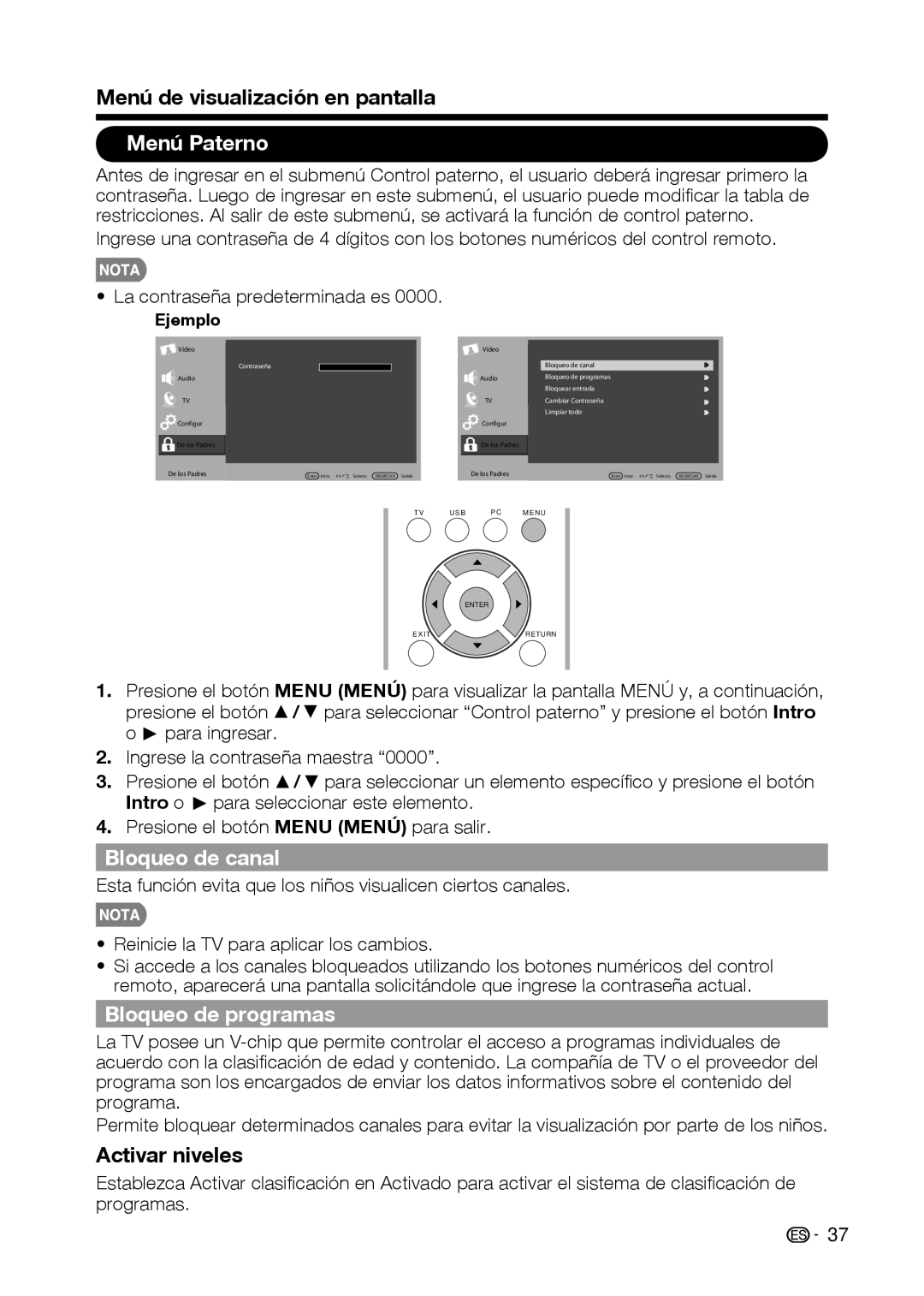 Sharp LC-32D59U, LC-42D69U operation manual Menú Paterno, Bloqueo de canal, Bloqueo de programas, Activar niveles 