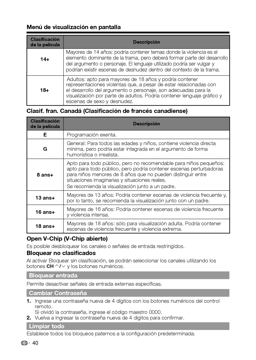 Sharp LC-42D69U, LC-32D59U operation manual Bloquear entrada, Cambiar Contraseña, Limpiar todo 