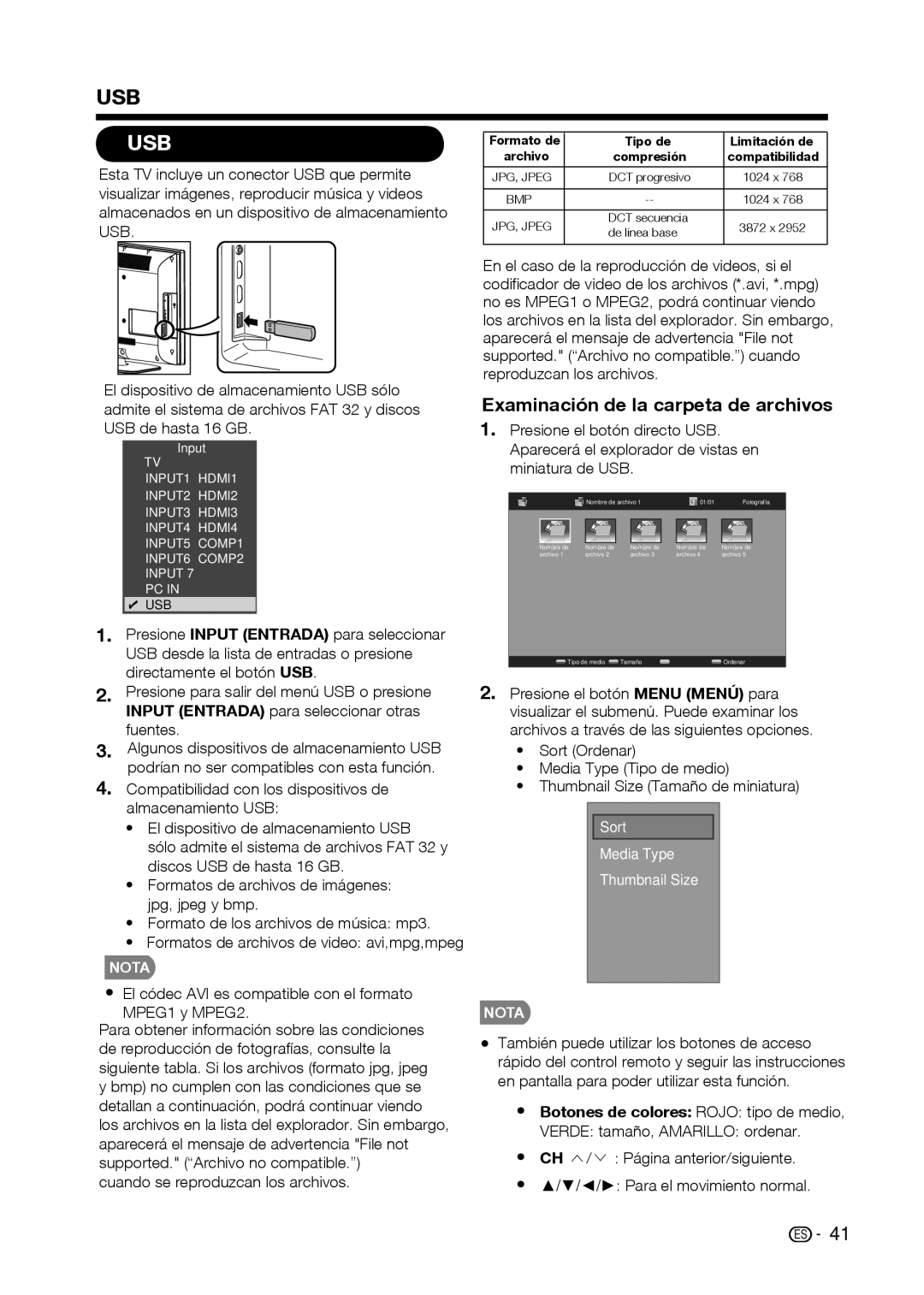 Sharp LC-32D59U, LC-42D69U USB01000100, Examinación de la carpeta de archivos, Botones de colores Rojo tipo de medio 