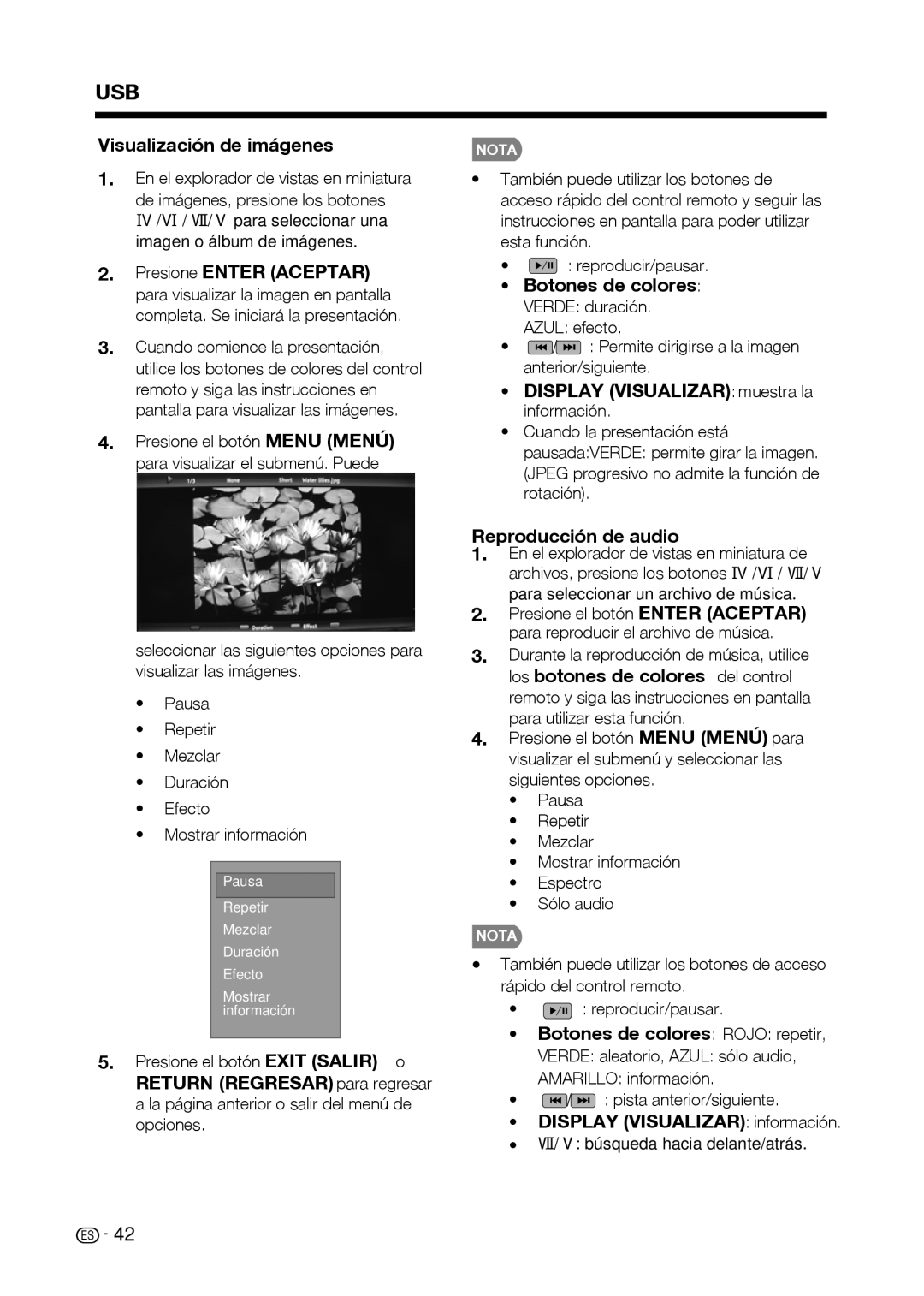 Sharp LC-42D69U Visualización de imágenes, Presione Enter Aceptar, Botones de colores, Display Visualizar muestra la 