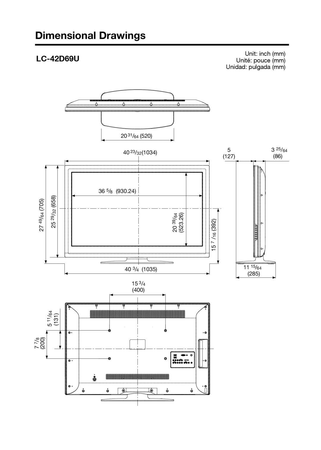 Sharp LC-32D59U, LC-42D69U operation manual Dimensional Drawings 