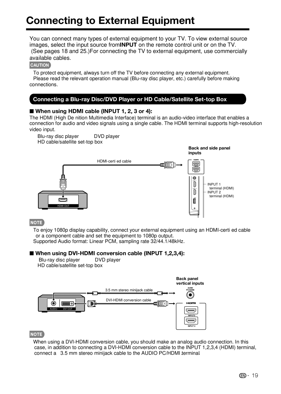 Sharp LC-32D59U, LC-42D69U When using Hdmi cable Input 1, 2, 3 or, When using DVI-HDMI conversion cable Input 1,2,3,4 