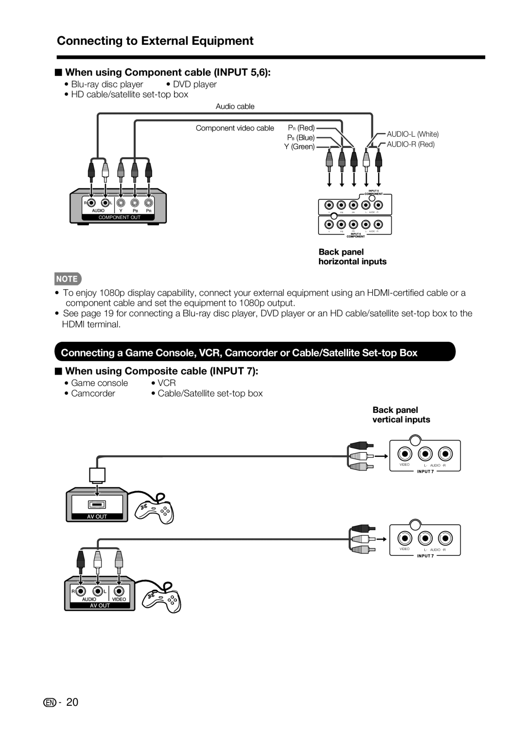 Sharp LC-42D69U Connecting to External Equipment, When using Component cable Input 5,6, When using Composite cable Input 