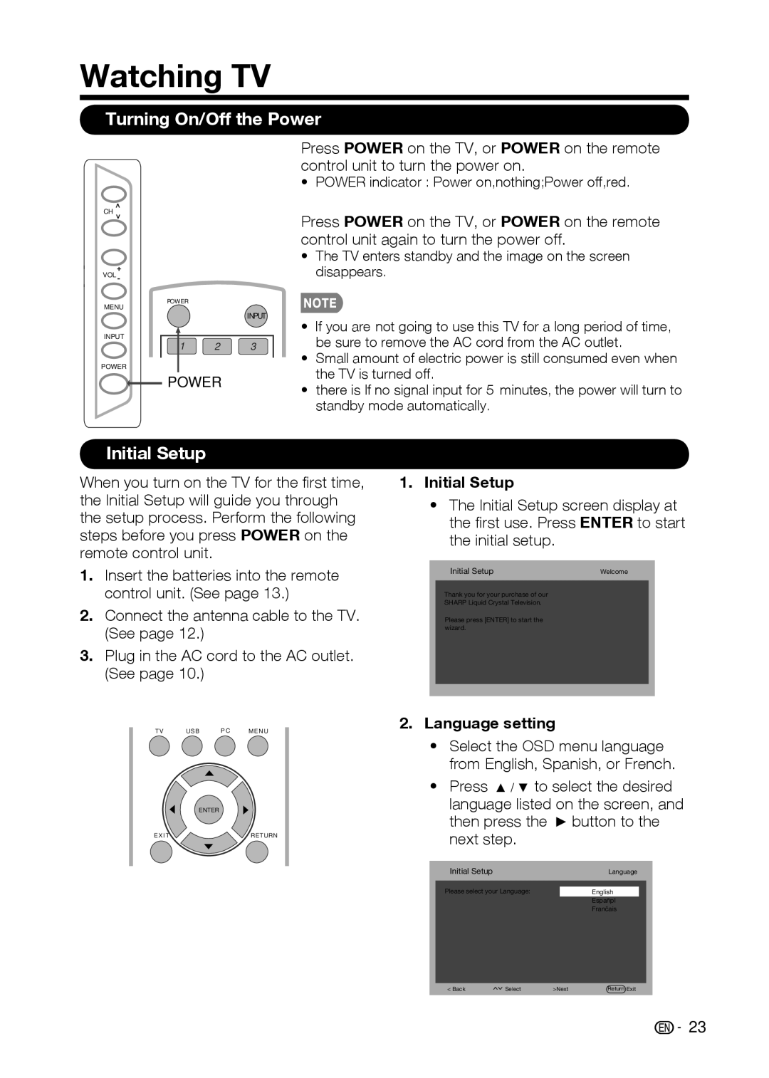 Sharp LC-32D59U, LC-42D69U operation manual Watching TV, Turning On/Off the Power, Initial Setup, Language setting 