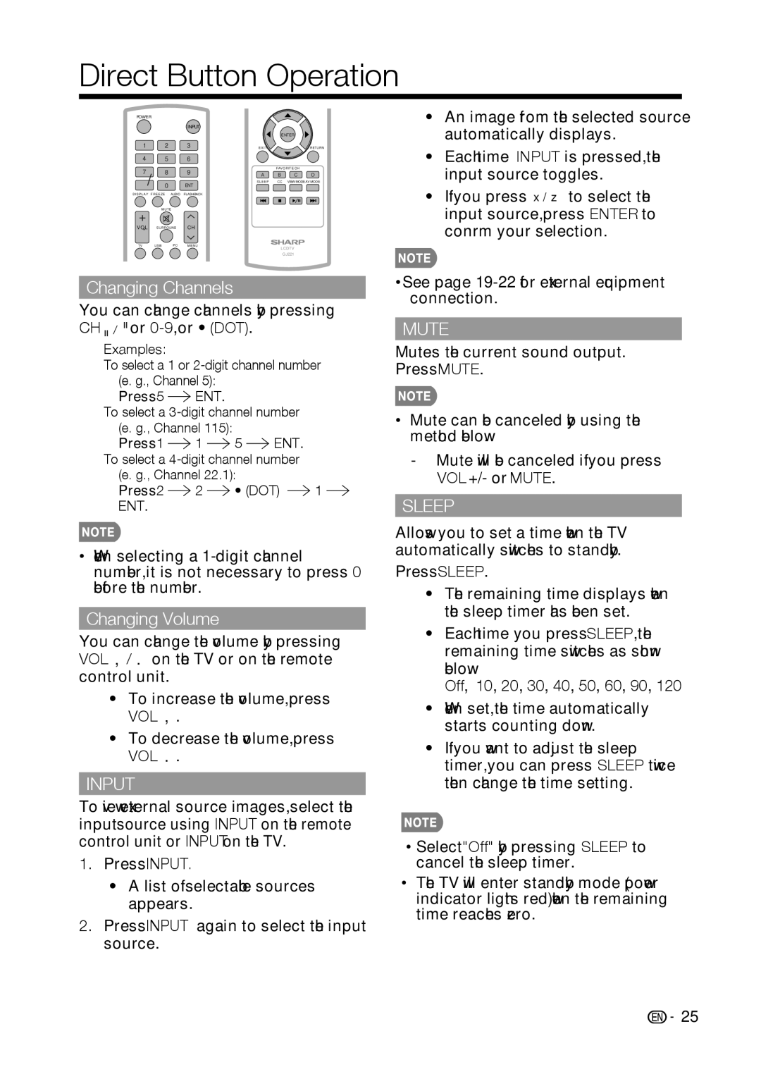 Sharp LC-32D59U, LC-42D69U operation manual Direct Button Operation, Input, Mute, Sleep 