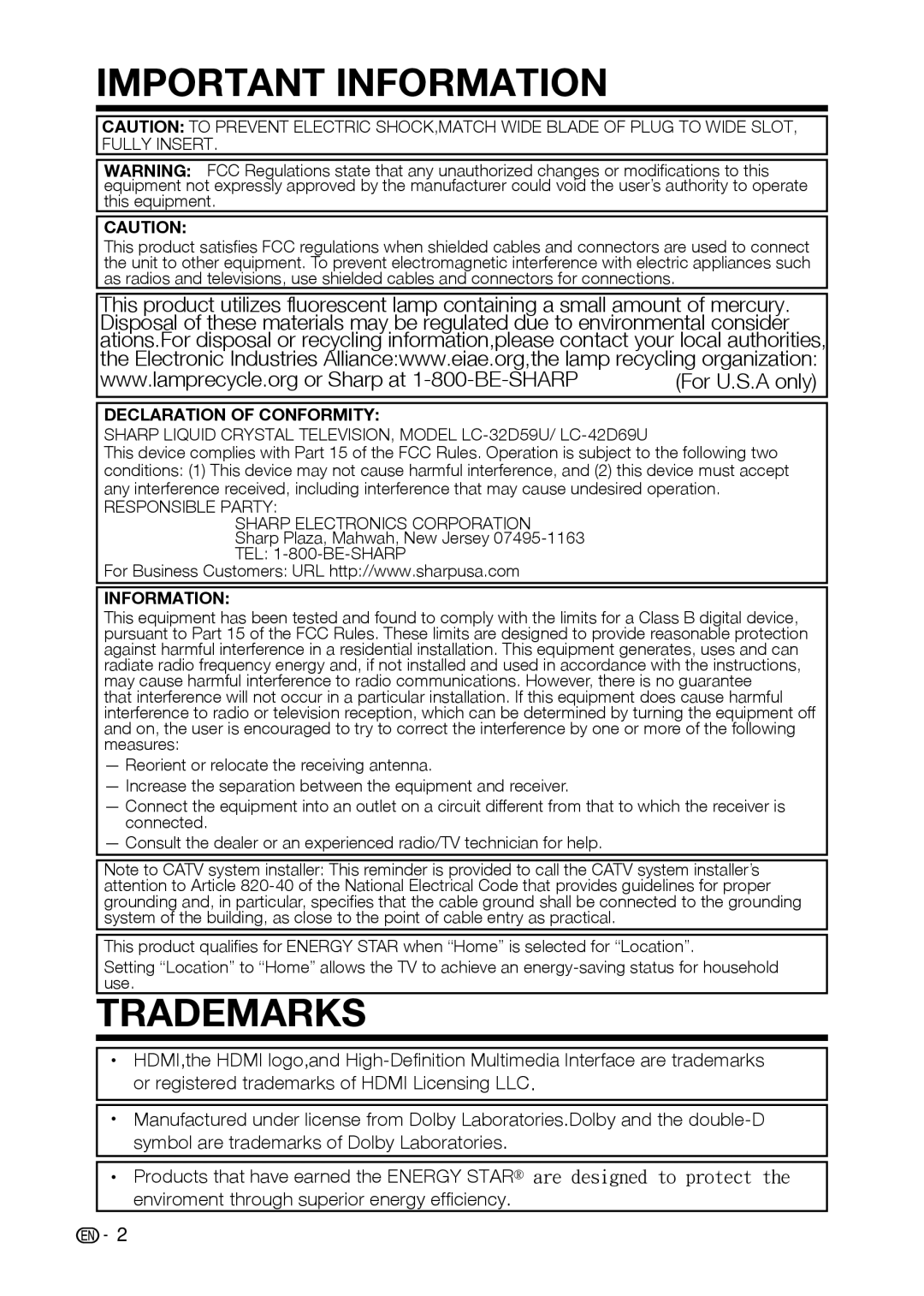 Sharp LC-42D69U, LC-32D59U operation manual Trademarks, For U.S.A only 