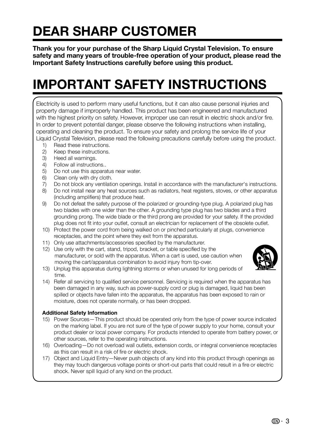 Sharp LC-32D59U, LC-42D69U Dear Sharp Customer, Important Safety Instructions, Additional Safety Information 