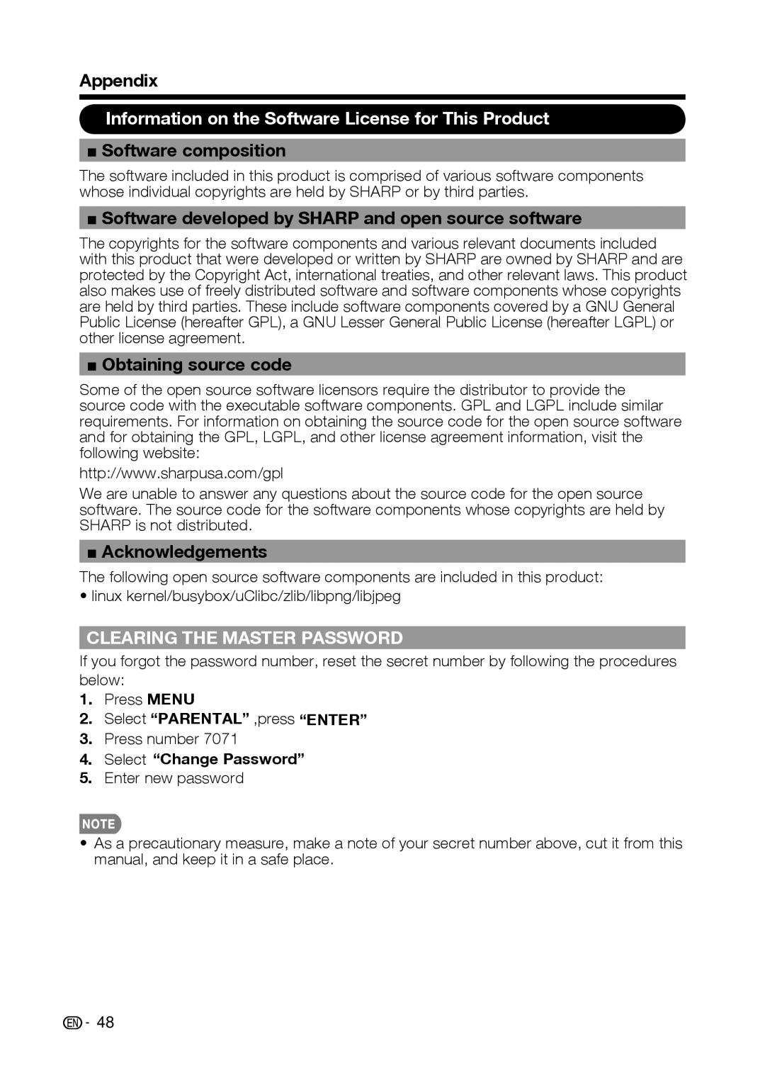 Sharp LC-42D69U, LC-32D59U Information on the Software License for This Product, Clearing the Master Password 