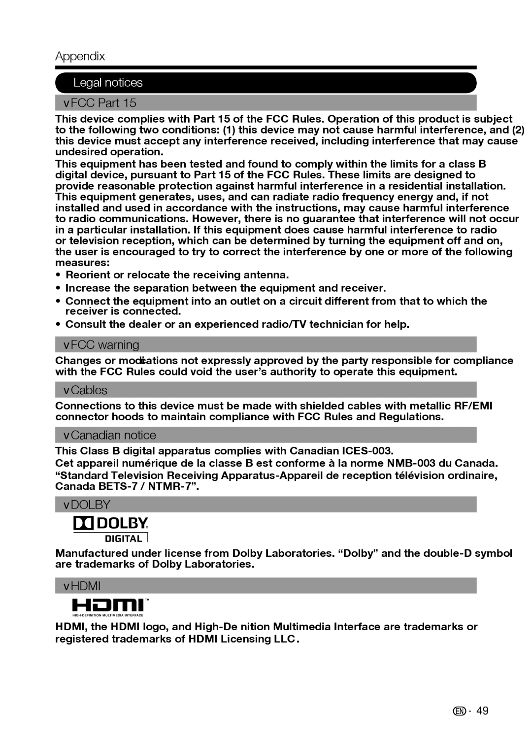 Sharp LC-32D59U, LC-42D69U operation manual Legal notices, FCC Part, FCC warning, Cables, Canadian notice 