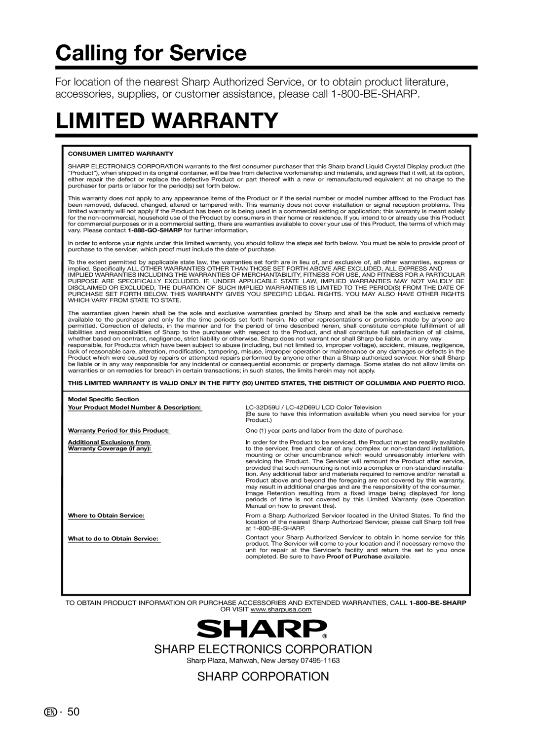 Sharp LC-42D69U, LC-32D59U operation manual Calling for Service, Limited Warranty 