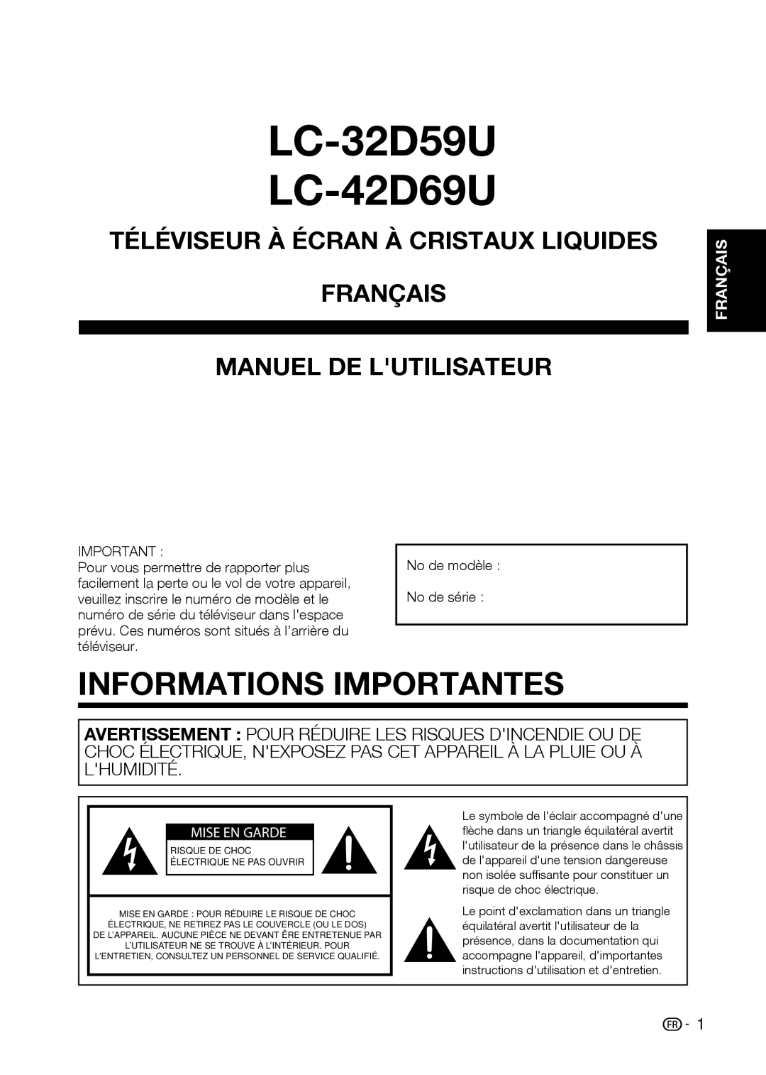 Sharp LC-32D59U, LC-42D69U operation manual Informations Importantes, Français 