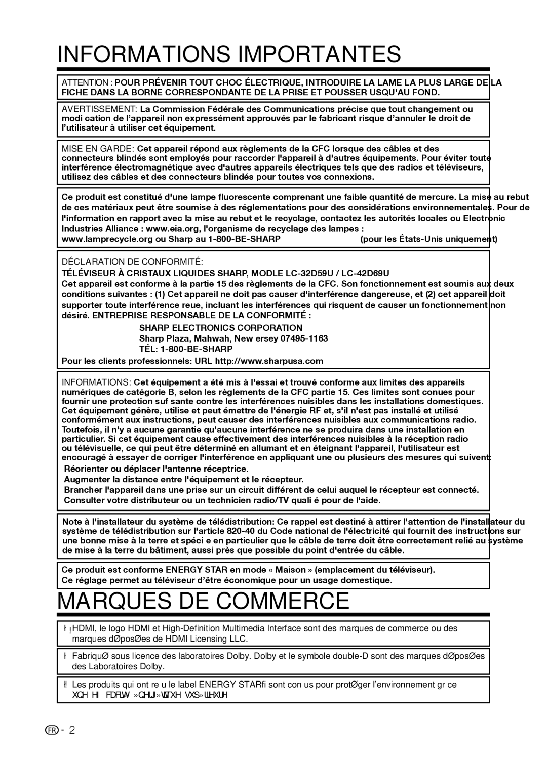 Sharp LC-42D69U, LC-32D59U operation manual Marques DE Commerce, Déclaration DE Conformité 