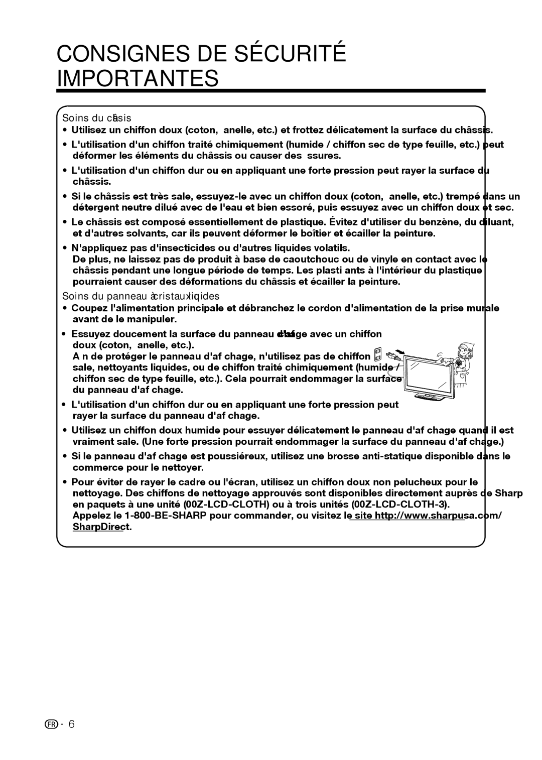 Sharp LC-42D69U, LC-32D59U operation manual Soins du châssis, Soins du panneau à cristaux liquides 