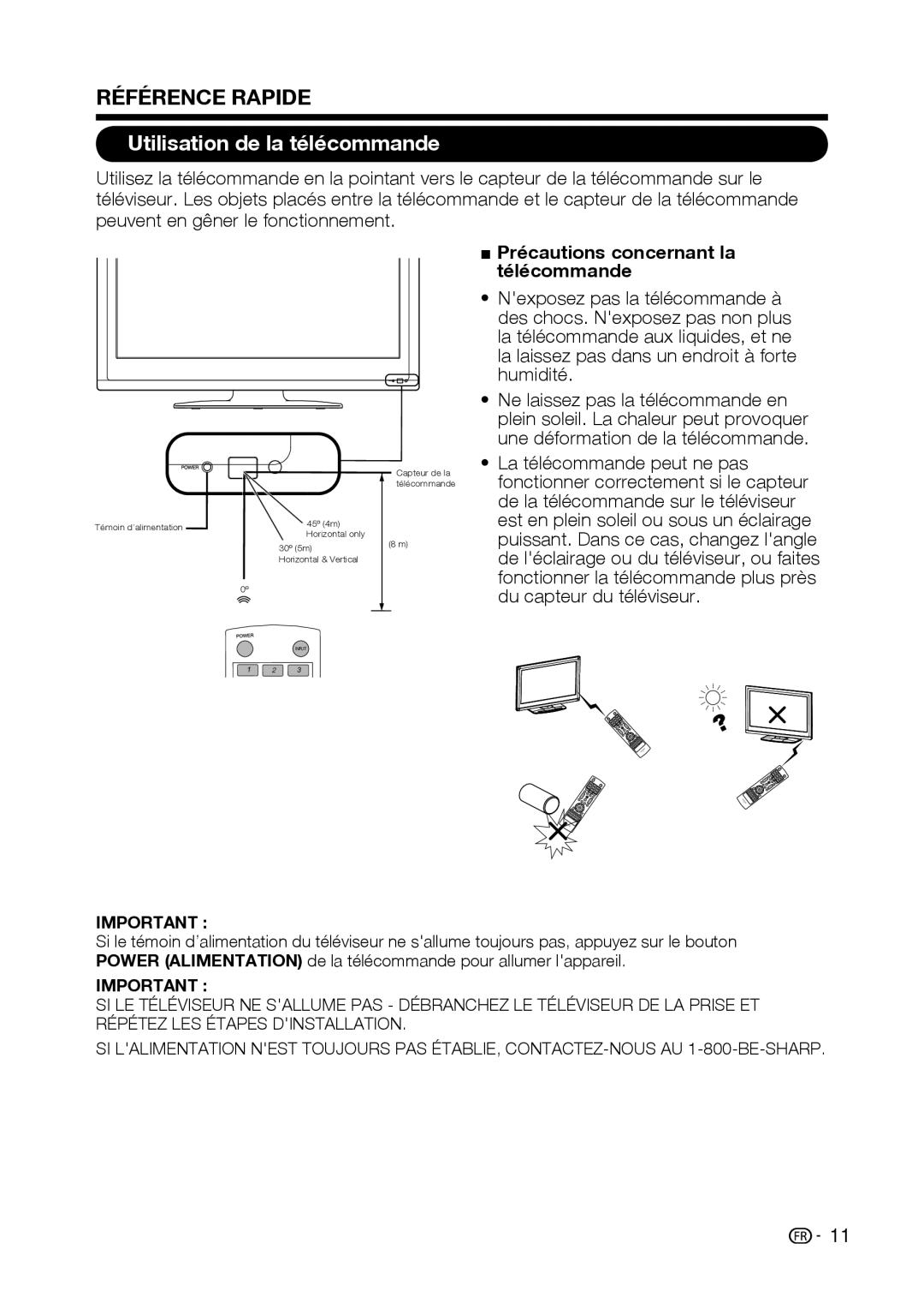 Sharp LC-32D59U Utilisation de la télécommande, Peuvent en gêner le fonctionnement, Précautions concernant la télécommande 